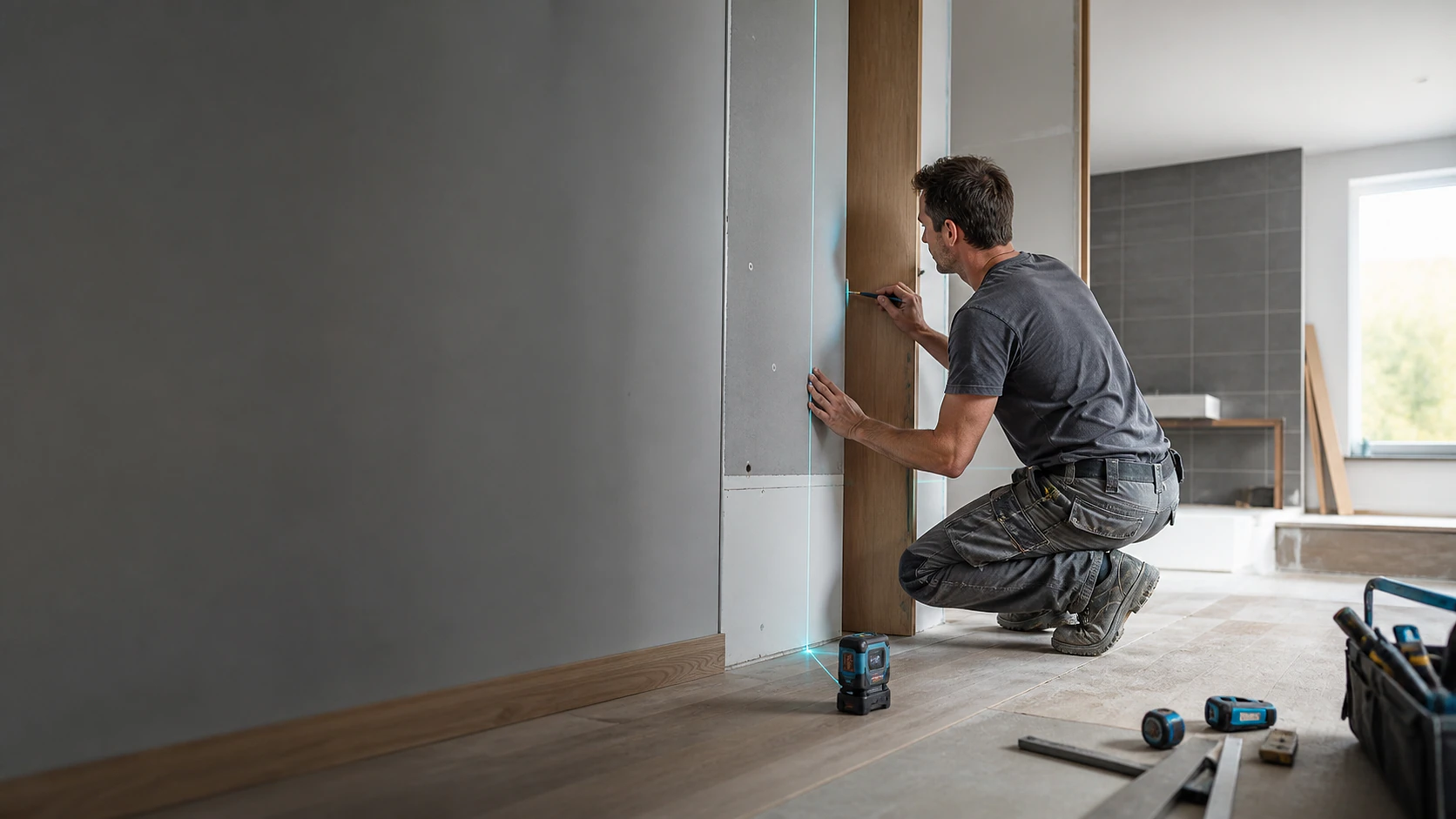 Handwerker bei sorgfältigen Renovierungs- und Ausbauarbeiten